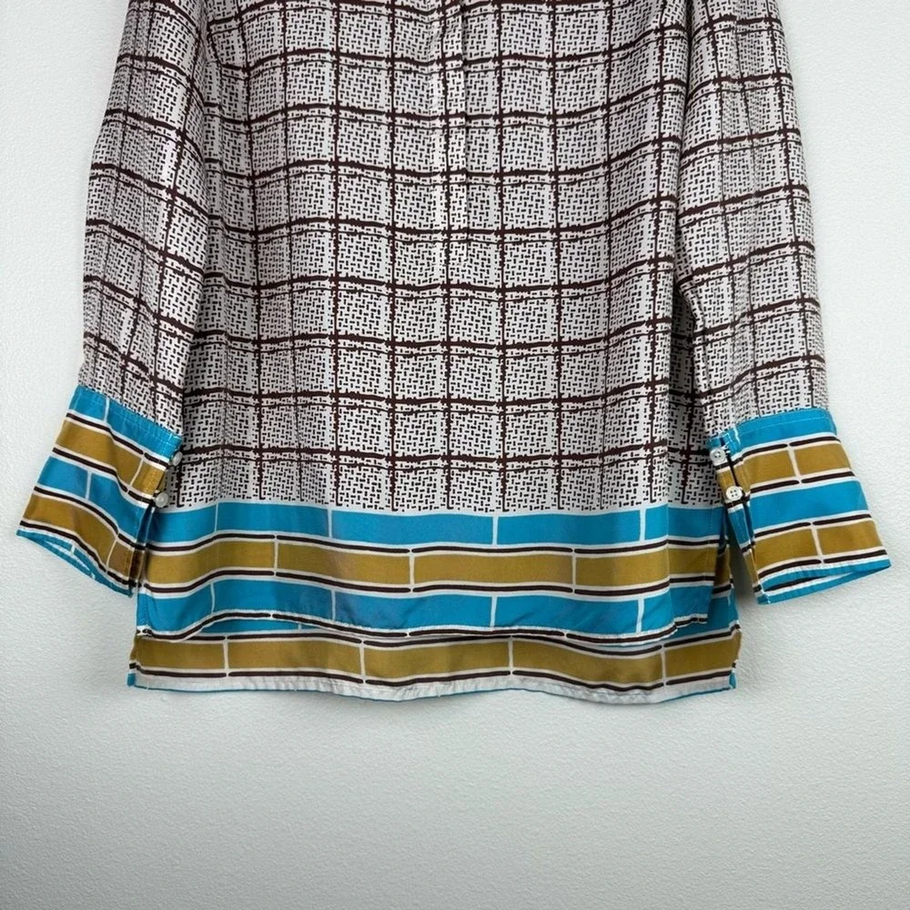 J. Crew Collection Silk Twill Speckled Plaid Blouse Tunic Gold Blue Womens Small